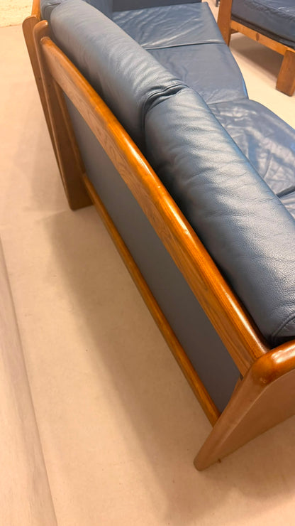 Dänisches Modul Ecksofa aus blauem Leder & Teakholz