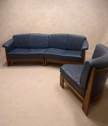 Dänisches Modul Ecksofa aus blauem Leder & Teakholz