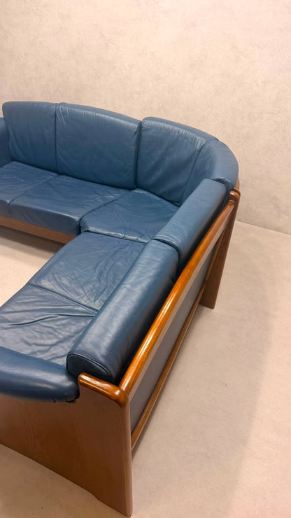 Dänisches Modul Ecksofa aus blauem Leder & Teakholz