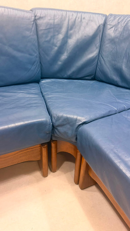 Dänisches Modul Ecksofa aus blauem Leder & Teakholz