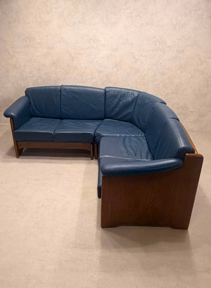 Dänisches Modul Ecksofa aus blauem Leder & Teakholz