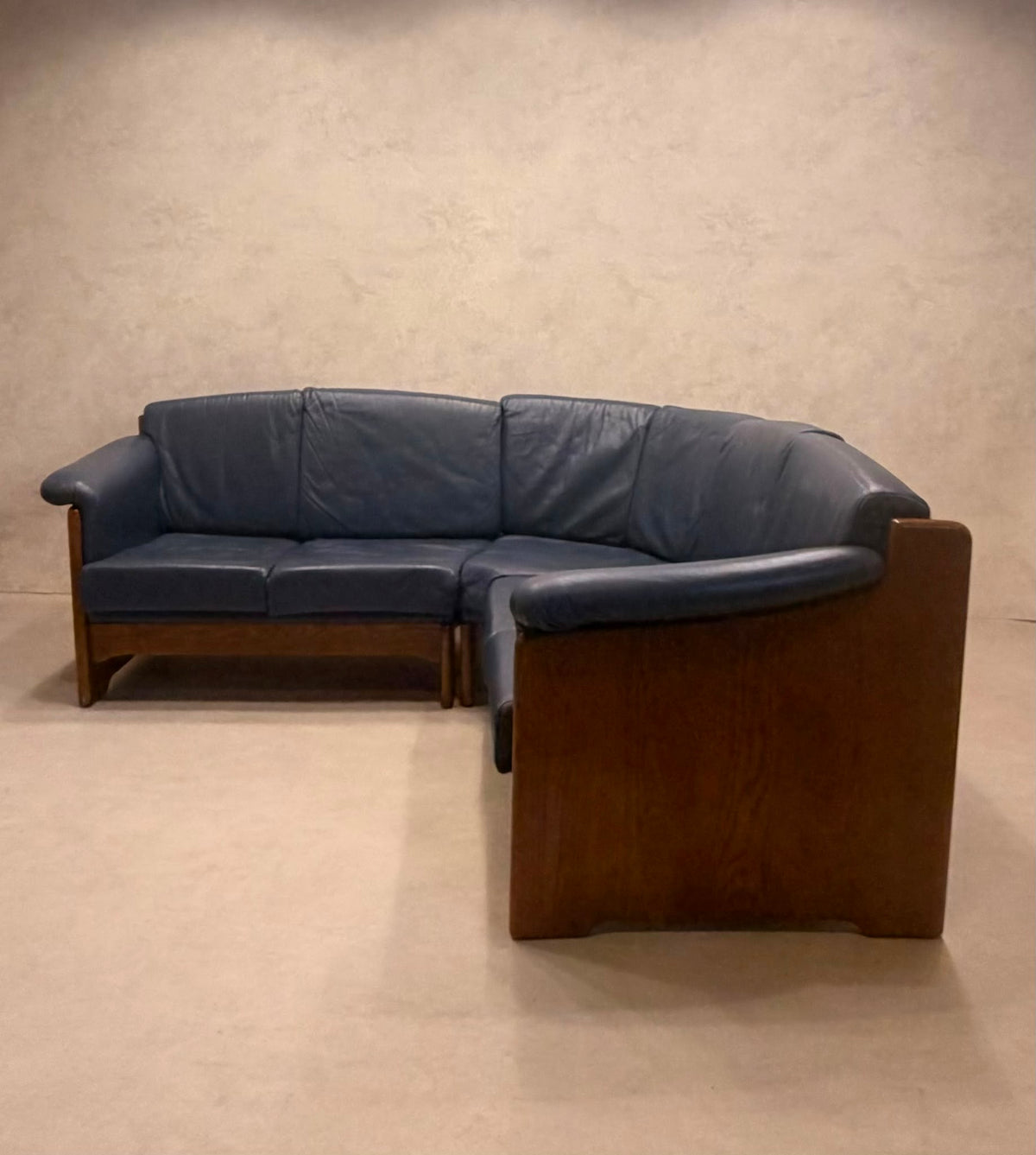 Dänisches Modul Ecksofa aus blauem Leder & Teakholz