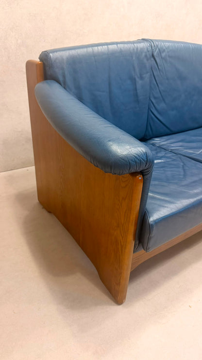 Dänisches Modul Ecksofa aus blauem Leder & Teakholz