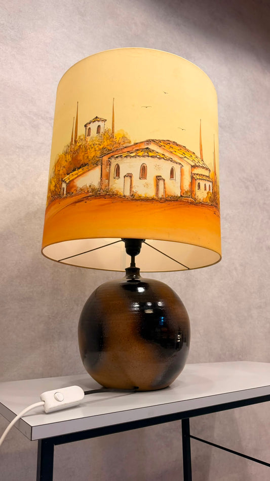 Vintage Keramik Tischlampe mit handbemaltem Seidenschirm 70s