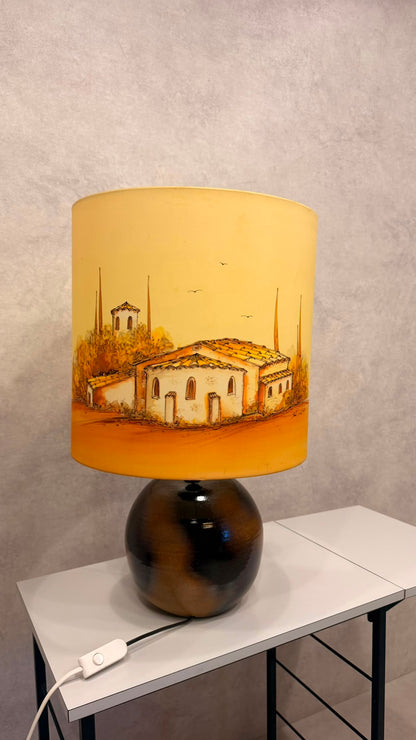 Vintage Keramik Tischlampe mit handbemaltem Seidenschirm 70s