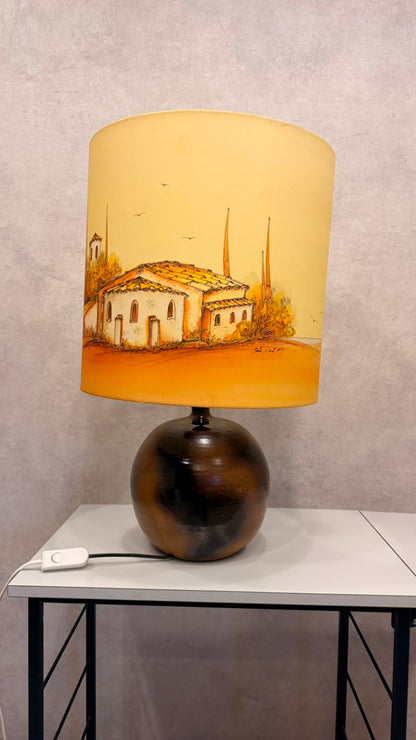 Vintage Keramik Tischlampe mit handbemaltem Seidenschirm 70s