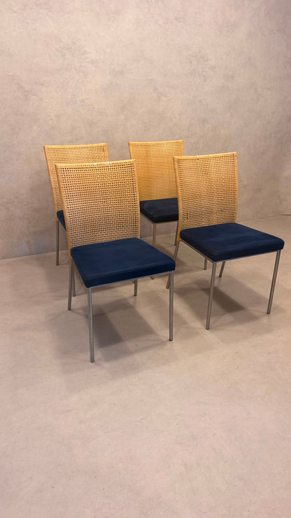 4er Set Design Stühle Rattan Stil Edelstahl Samt blau/beige