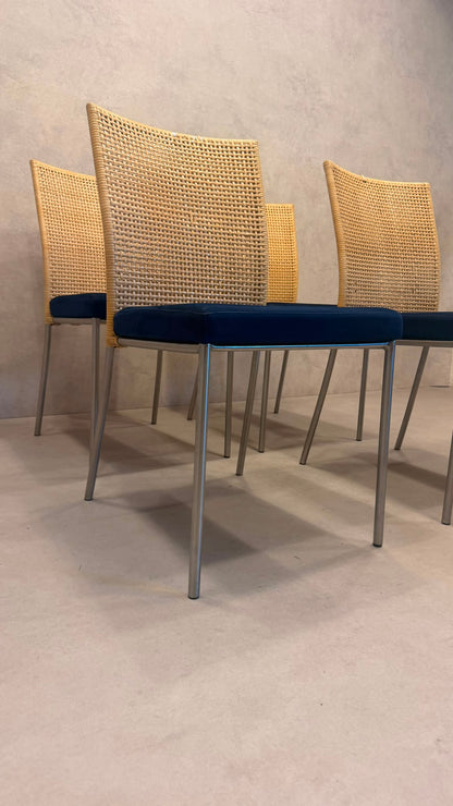 4er Set Design Stühle Rattan Stil Edelstahl Samt blau/beige