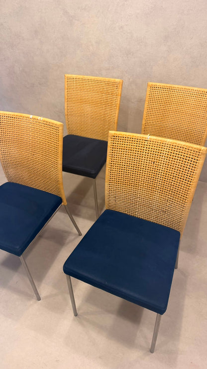 4er Set Design Stühle Rattan Stil Edelstahl Samt blau/beige