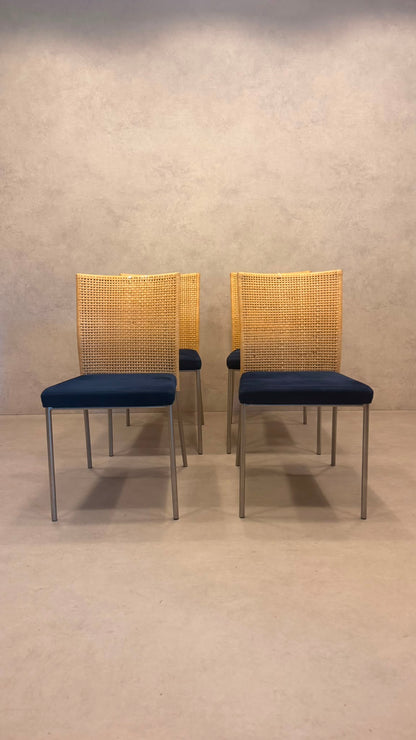 4er Set Design Stühle Rattan Stil Edelstahl Samt blau/beige