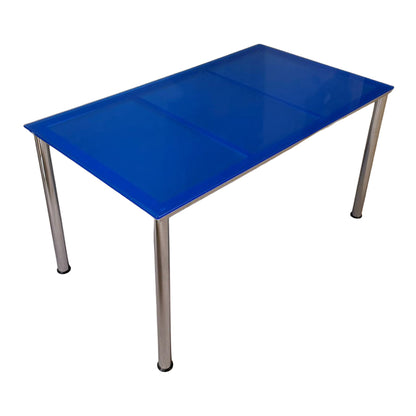 Blauer Esstisch aus Glas mit Chromfüssen